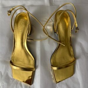 BRAND NEW Schutz Kendall Specchio Leather Block Heel Sandal in Gold